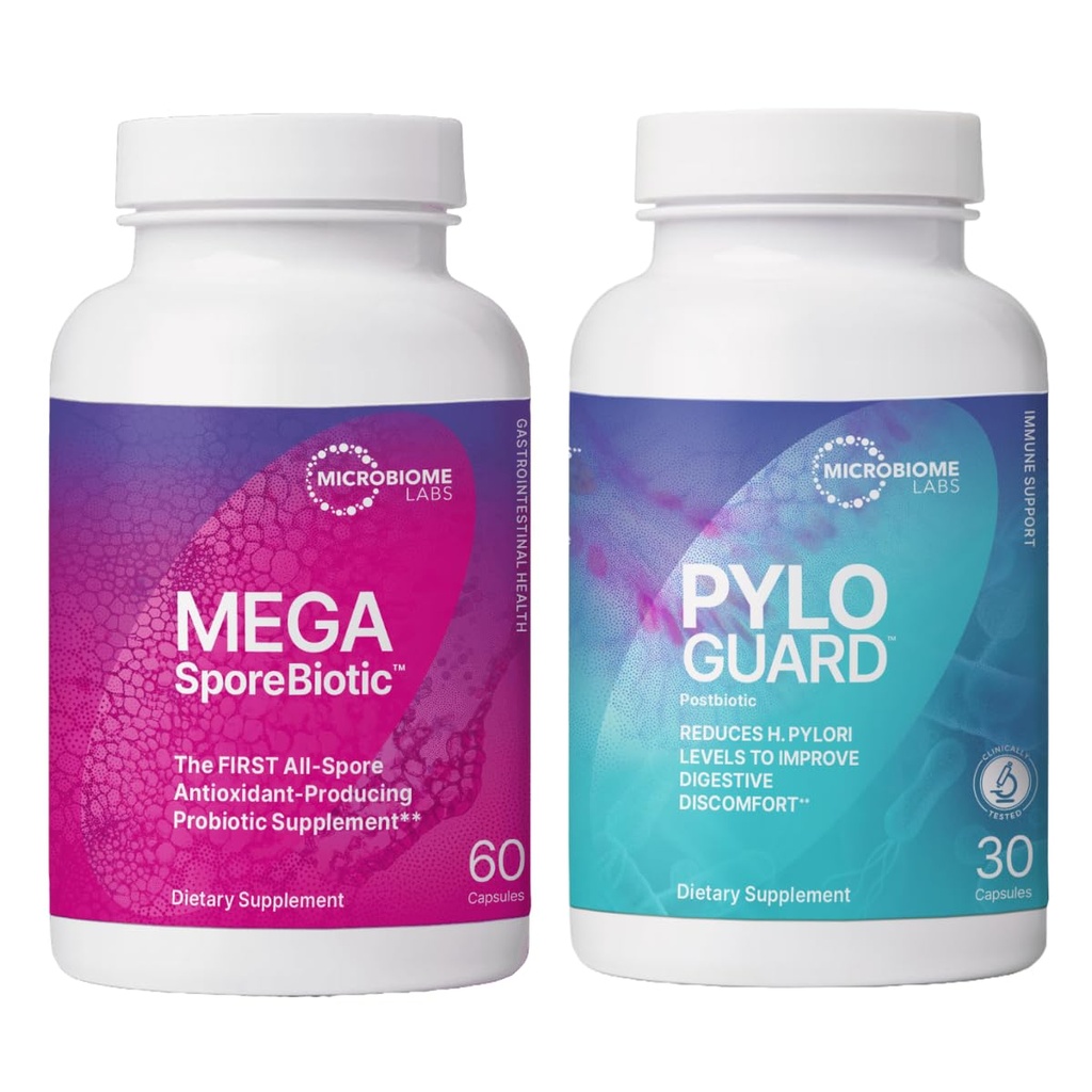 Microbiome Labs MegaSporeBiotique à base de spores (60 capsules) + PyloGuard Postbiotique L. reuteri DSM 17648 Supplément pour promouvoir le processus d'élimination du corps (30 capsules) - 2 produits