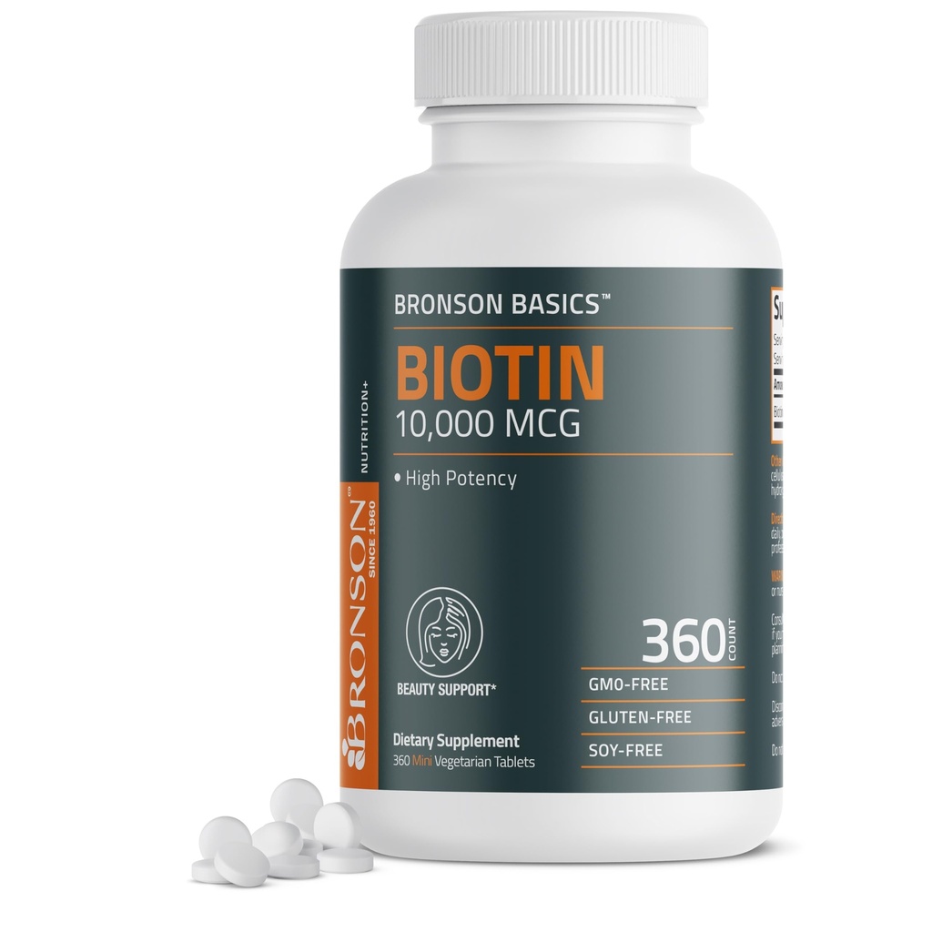 Bronson Biotin 10.000mcg, Unterstützt gesundes Haar, Haut und Nägel, Vegetarisch, Non-GMO, 360 Tabletten