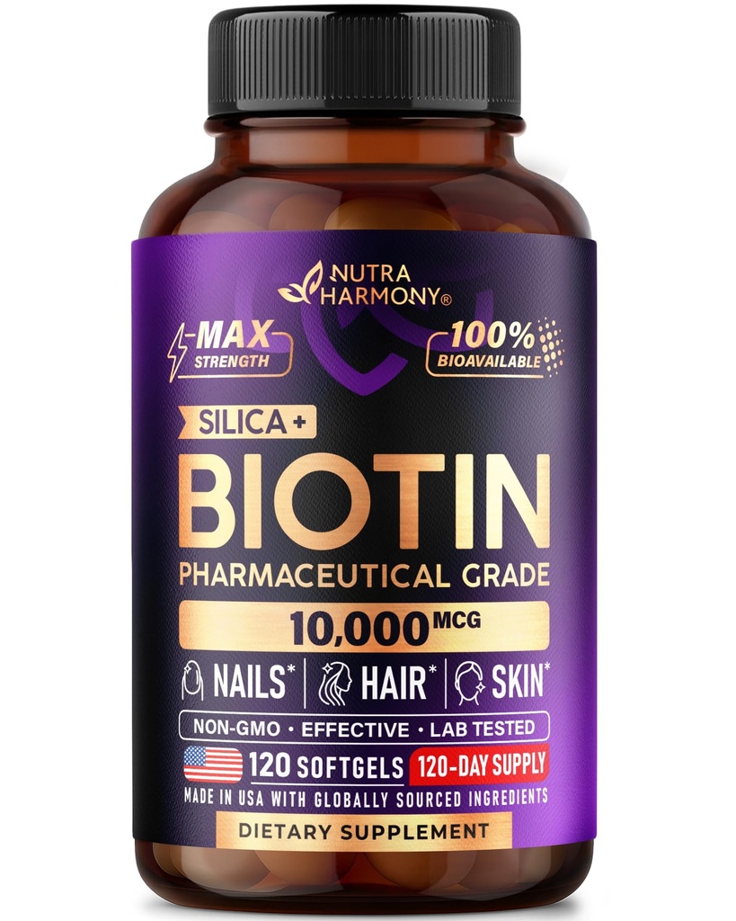 Biotin 10000mcg mit Silikon - Pharmazeutische Grade Biotin-Ergänzung für Damen - Haarwachstumsunterstützung, Haut und Nägel - Max Strength & 100% Bioverfügbarkeit - Made in USA - 120 Softgels, 120 Tage Versorgung