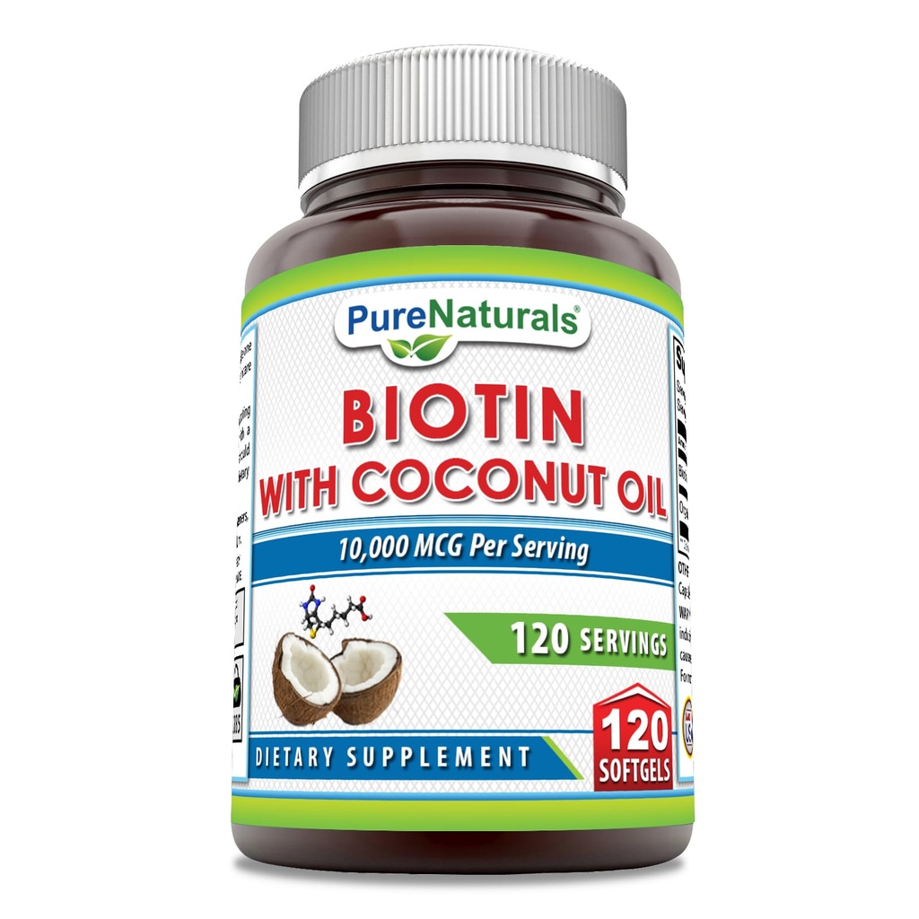 Pure Naturals Biotin 10000 Mcg mit extra Virgin Bio Kokosöl 120 Softgels | Non-GMO | Gluten Free | Made in USA