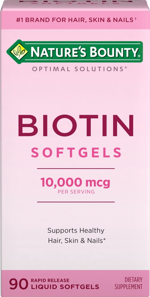 Nature's Bounty Biotin 10000mcg Supplément, soutient cheveux, peau et ongles sains, solutions optimales Vitamine capillaire avec biotine, 90 softgels liquides à libération rapide