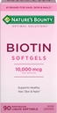 Nature's Bounty Biotin 10000mcg Supplément, soutient cheveux, peau et ongles sains, solutions optimales Vitamine capillaire avec biotine, 90 softgels liquides à libération rapide
