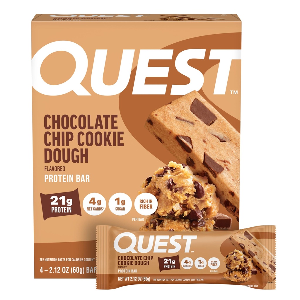 Quest Nutrition Chocolate Chip Cookie Dough Protein Bars, 21g Protein, 4, Net Carbs, 1g Zucker, High Fiber, Glutenfrei, Keto Friendly, 4 Count