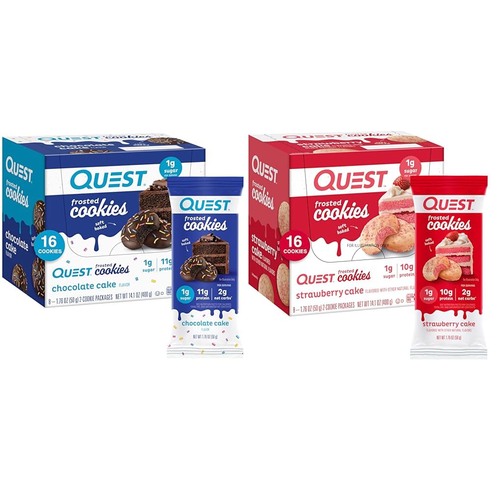 Quest Nutrition Biscuits congelés Ensembles jumeaux, gâteau au chocolat 1g Sucre 11g Protéines 2g Net Carbs et fraises Cake 1g Sucre 10g Protéines 2g Net Carbs, sans gluten, 16 Cookies Chacun