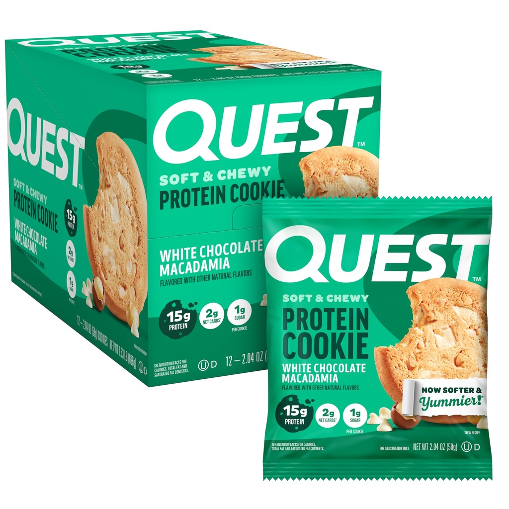 Quest Nutrition White Chocolate Macadamia Protein Cookie, 15g Protein, 1g Zucker, 2g Net Carbs, Keto Friendly, High Protein, Low Carb; 12 Count