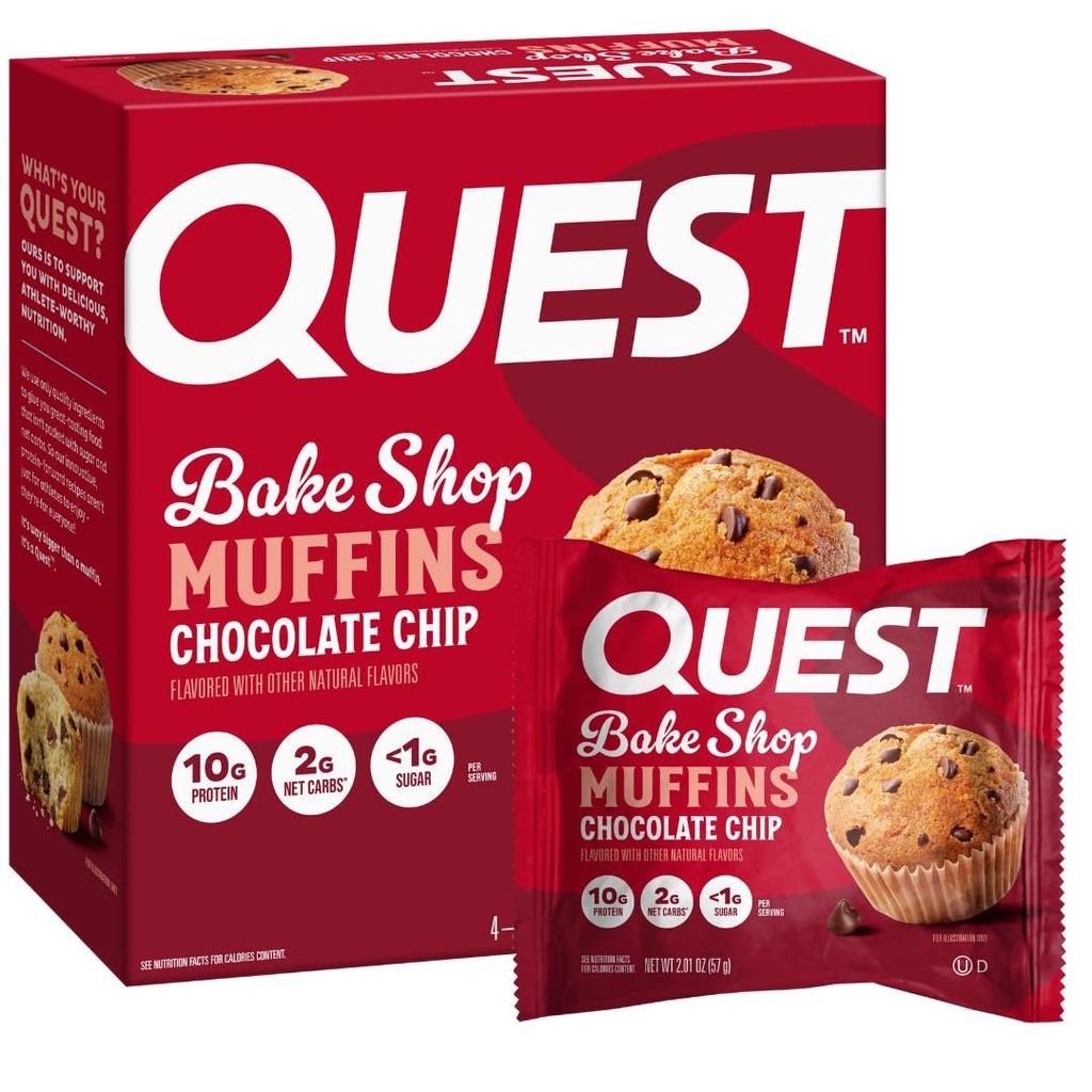 Quest Nutrition Chocolate Chip Muffin, 10g Protein, 2g Net Carb, Weniger als 1g Zucker, Protein Snack, 4 Zähler