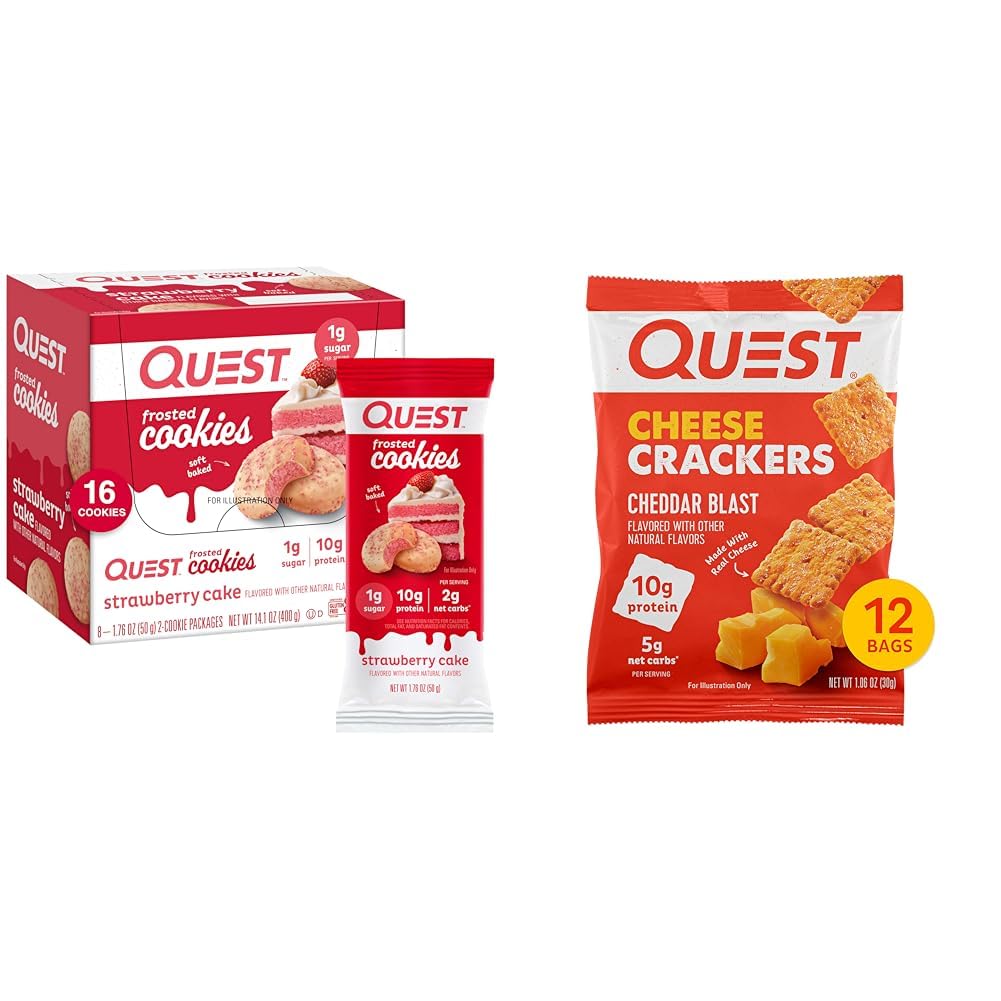 Quest Nutrition Frosted Cookies Twin Pack, Strawberry Cake, 1g Zucker, 10g Protein, 2g Net Carbs & Cheese Crackers, Cheddar Blast, High Protein, Low Carb, Made with Real Cheese, 12 Ct