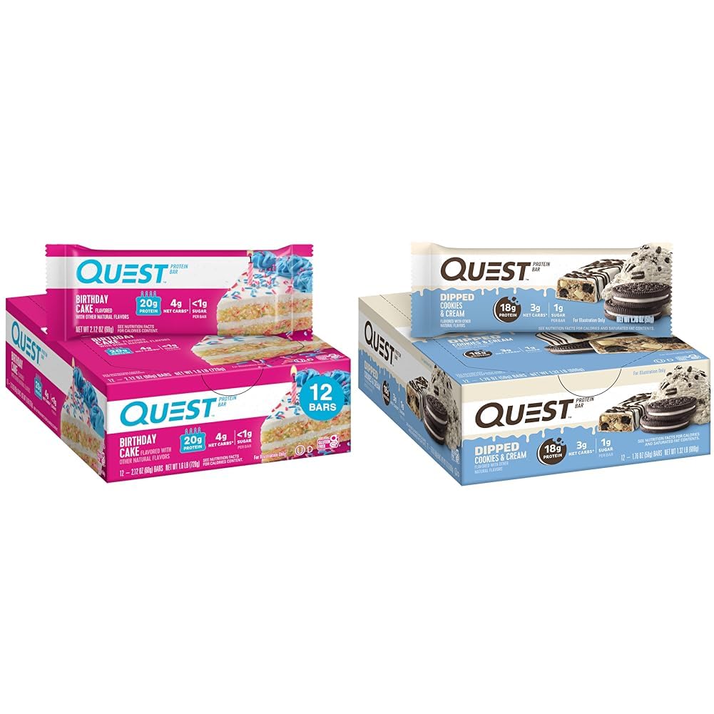 Quest Birthday Cake & Cookies & Cream Dipped Protein Bars, High Protein, Glutenfrei, Keto Friendly, 12 Count Jeder