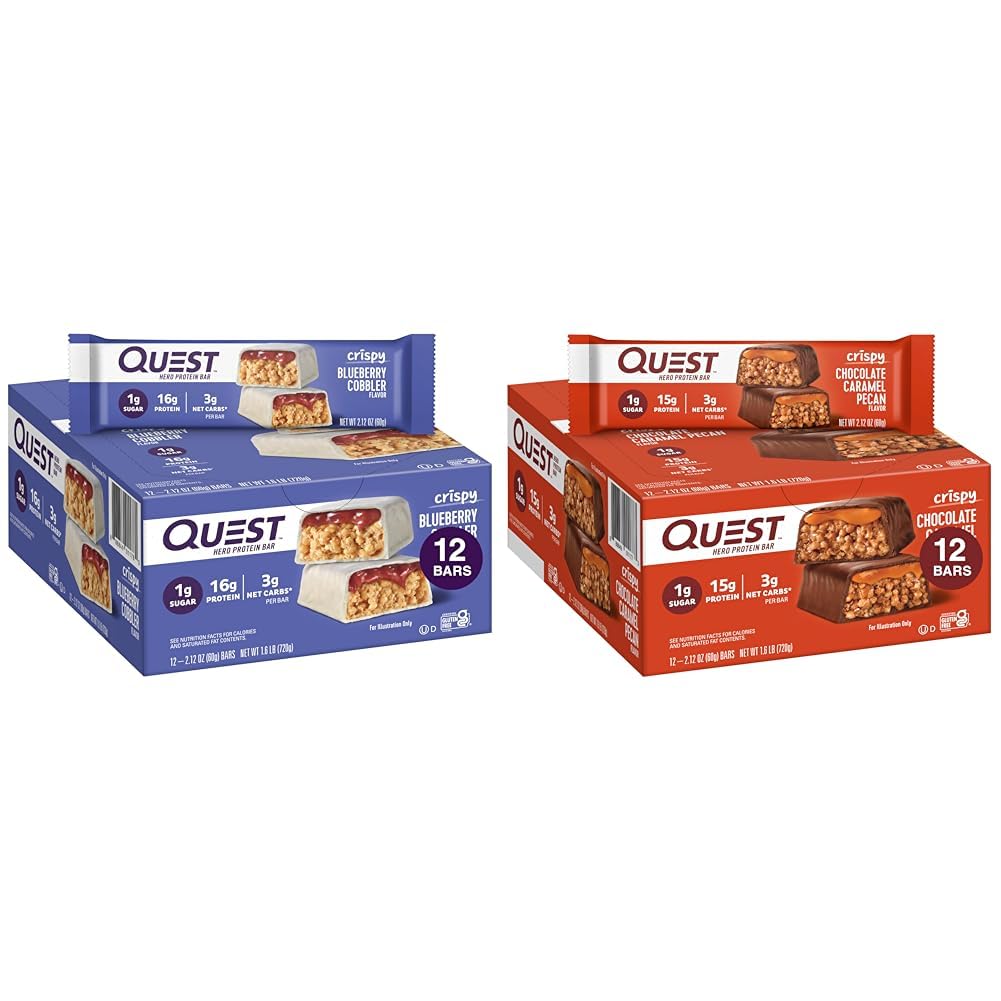 Quest Nutrition Crispy Blueberry Cobbler & Chocolate Caramel Pecan Hero Protein Bars, 16g & 15g Protein, 1g Zucker, 3g Net Carb, Glutenfrei, Keto Friendly, 12 Count Bundle