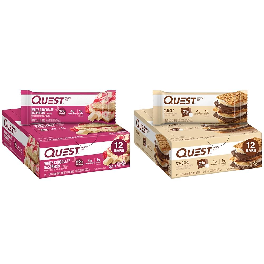 Quest Nutrition Chocolat blanc Barres protéinées de framboises, haute protéine, faible teneur en glucides, sans gluten, bon kéto, 12 Count & S'mores Barre protéinée, haute teneur en protéines, faible teneur en glucides, bon kéto, 12 Count