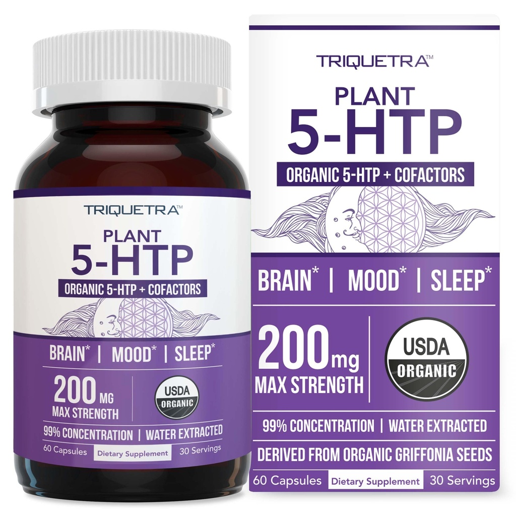 Organische 5-HTP - 200 mg | 99% 5HTP Konzentration, Plus Cofactor Vitamin B6 & Lion's Mane | Wasser Aus Bio Griffonia Samen | Unterstützt Stimmung, Kognition & Schlaf (60 Kapseln | 30 Servierungen)