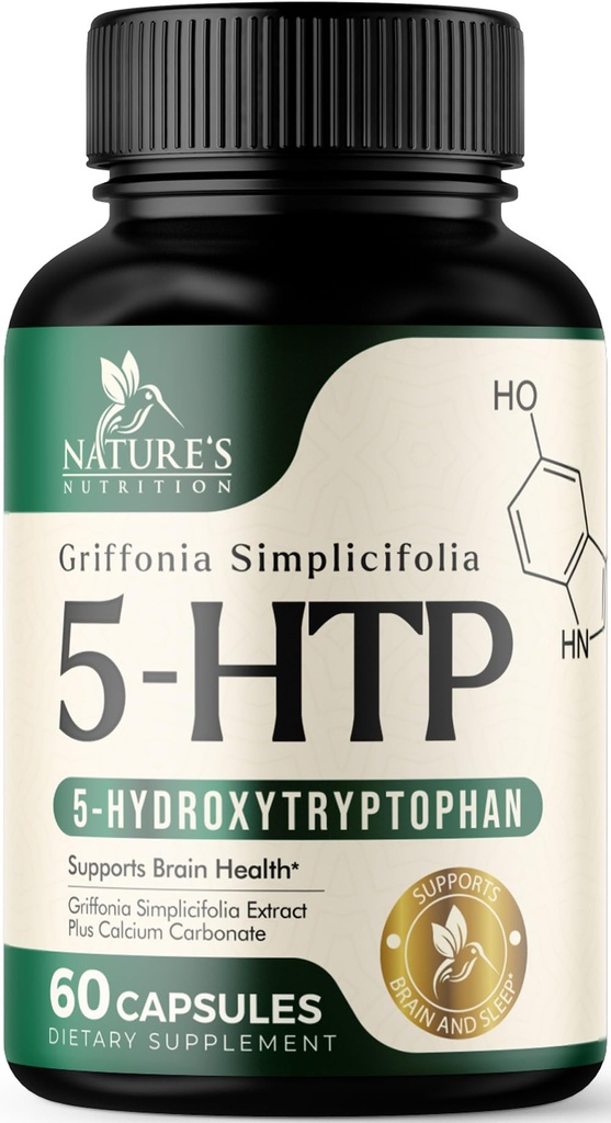 5 Hydroxytryptophan Kapseln - 180mg pro Servieren 5 HTP Ergänzung Plus Kalzium für Gehirn Gesundheit & Schlaf Unterstützung, extra Stärke Griffonia Simplicifolia 5-HTP Formel, 5HTP, USA Bottled - 60 Kapseln