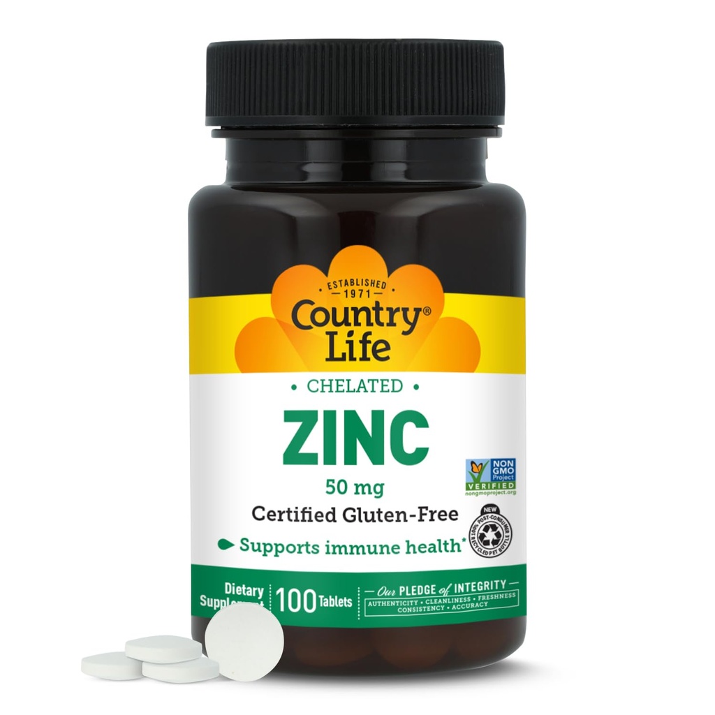 Country Life Chelat Zinc 50 mg - Certified Gluten-Free & Vegan Immun Support Supplement, verbessert Zinkabsorption, unterstützt Körper Protein Produktion & Zelluläre Gesundheit, 100 vegetarische Tabletten