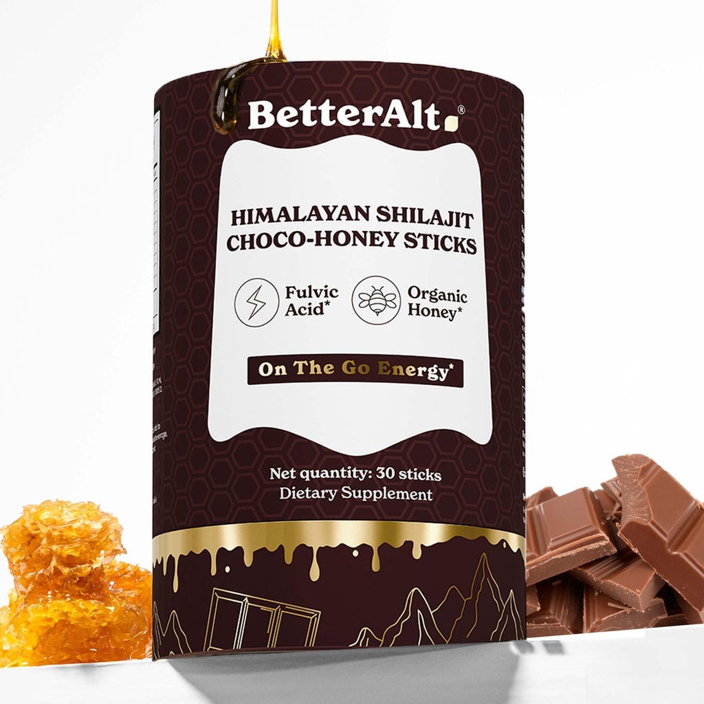 Better Alt Chocolate Shilajit Honey Sticks 75% Fulvic Acid & 85+ Trace Minerals Chocolate-Infused Raw Honey Himalayan Shilajit Energy Booster 30 Sticks Natural Stamina & Endurance Support