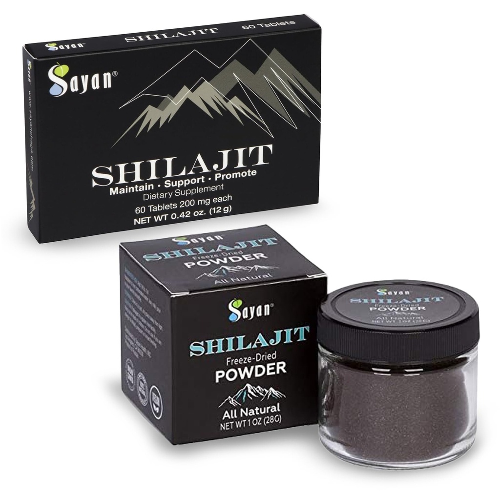 Sayan Shilajit Pure Organic Black Resin Trace Mineral Tablets & Pure Organic Shilajit Extract Freeze-Dry Powder Bundle - Immune Support, Detox, Energy Boost (1 mois d'approvisionnement)
