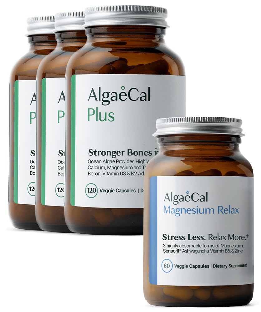 ALGAECAL Organic Red Algae Calcium Supplement für Knochendichte & Stärke, Vitamin K2 MK7, Vitamin D3, Magnesium & Trace Minerals, 120 Veggie Caps Magnesium RelaxTM (60 Caps)