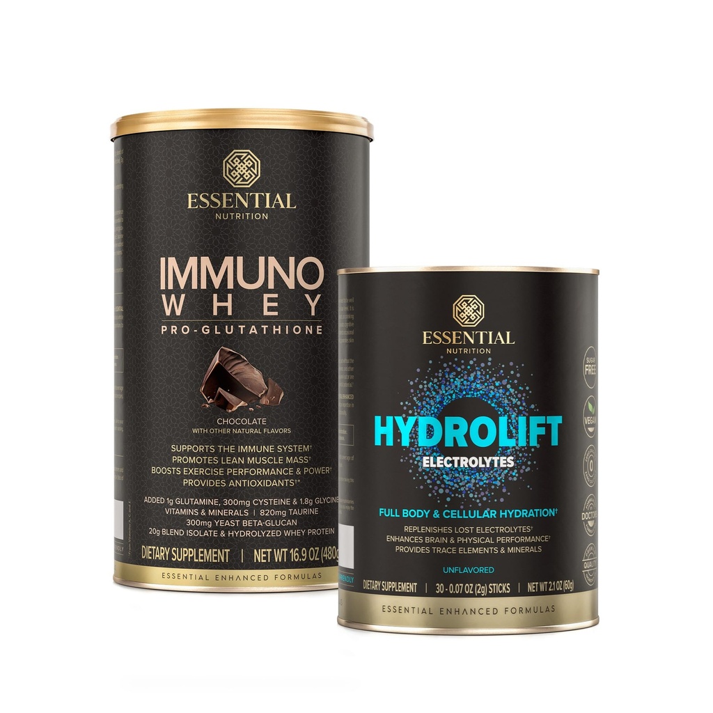 Essential Nutrition Hydrolift Electrolytes + Immuno Whey Chocolat – Hydratation puissante avec des minéraux traces et formule de protéines de soutien au glutathion – Keto Friendly, sans sucre