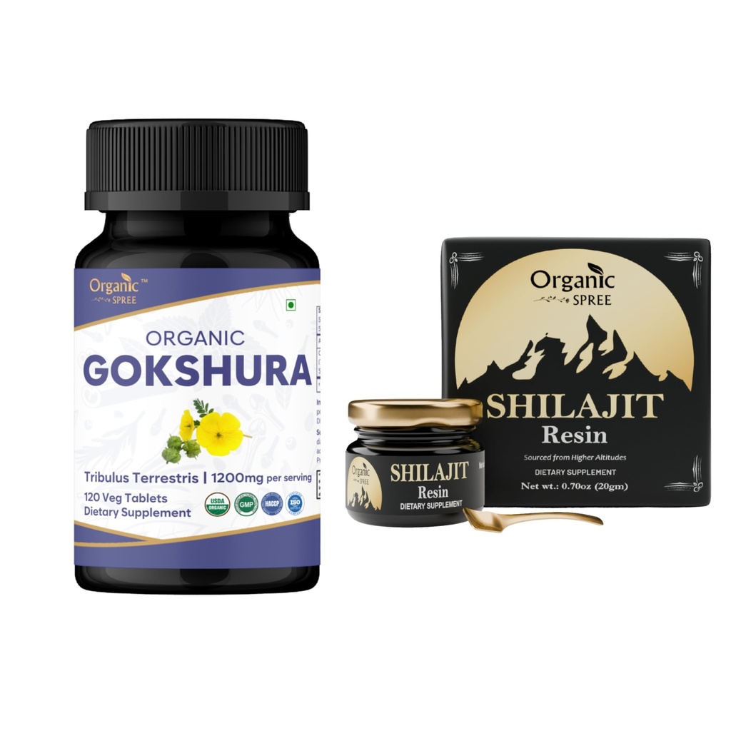 SPREE ORGANIQUE Gokshura & Himalayan Shilajit – USDA Organic Tribulus Terrestris 120 Comprimés et résine de 20g avec 85+ Trace Minerals – soutient l'énergie et la santé immunitaire*