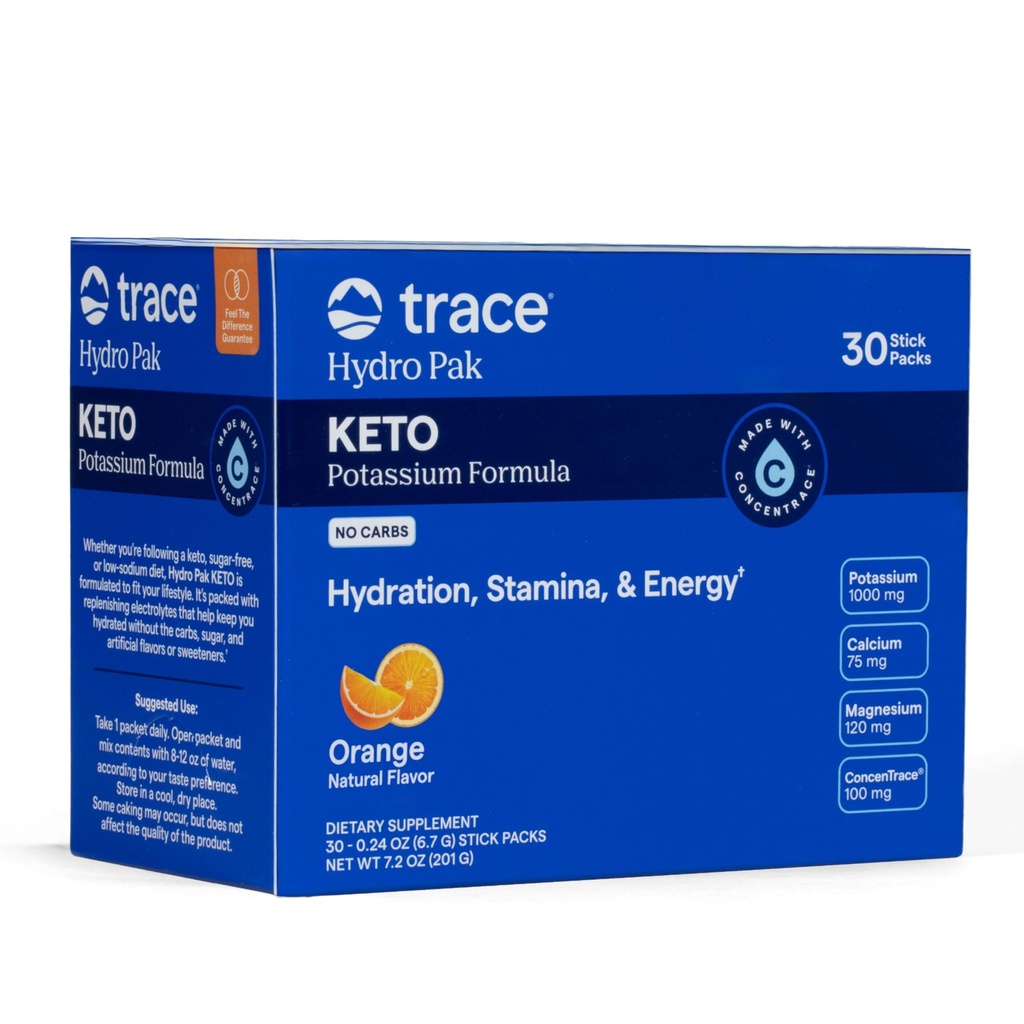 Trace Minerals Hydro Pak Keto - Elektrolyt Replenishment Drink Mix – 1000 mg Kalium Plus 70 unterstützt Energie, Stamina und Hydration – Orange Flavor – 30 Servietten