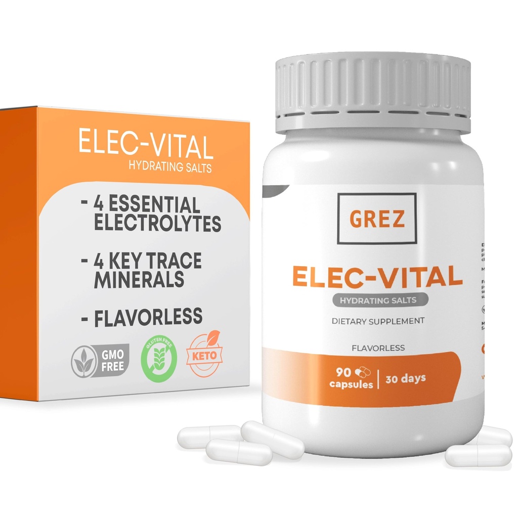 GREZ Elec-Vital Capsules d'électrolyte - 8 électrolytes essentiels et principaux minéraux traces - sans sucre - sans saveur - supplément minéral d'hydratation - 90 capsules pendant 30 jours