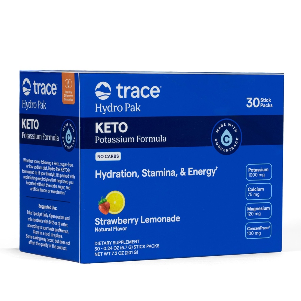 Trace Minerals Hydro Pak Keto - Elektrolyt Replenishment Drink Mix – 1000 mg Kalium Plus 70 unterstützt Energie, Stamina, & Hydration – Erdbeer-Lemonade Flavor – 30 Portionen