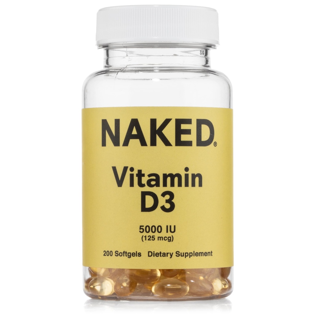 Vitamine NAKED D3 5000 UI – Supplément de vitamine D à haute puissance pour le soutien immunitaire, la force osseuse, la fonction musculaire – 200 softgels de vitamine D