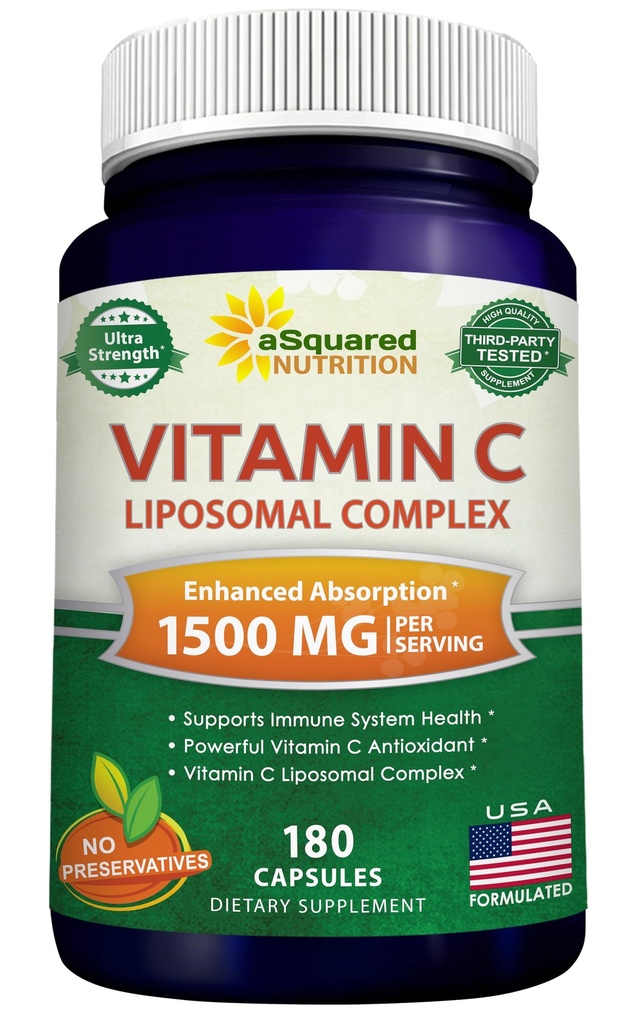 aSquared Nutrition Vitamine C Complexe liposomique - Supplément de 1500mg - 180 Capsules - Haute absorption VIT C Acide ascorbique - Supporte le système immunitaire et la santé collagène - 90 portions