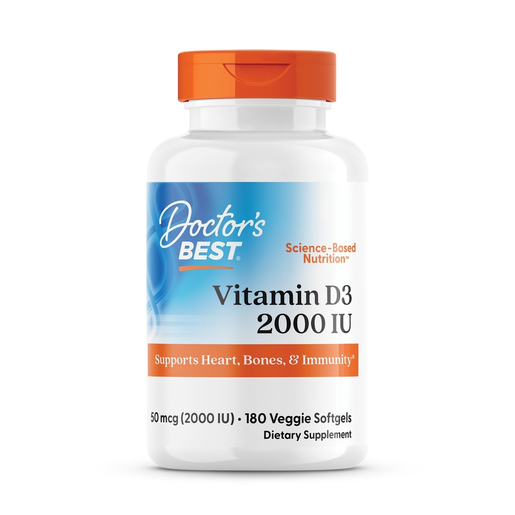 Doctor's Best Vitamin D3 2000 IU Softgels für Männer & Frauen - Vitamin D Ergänzung für Immunsystem & Herz-Gesundheit Unterstützung, 50 mcg pro Servierung, Vit D 3, Non GMO, Gluten & Soy Free - 180 Veggie Softgels