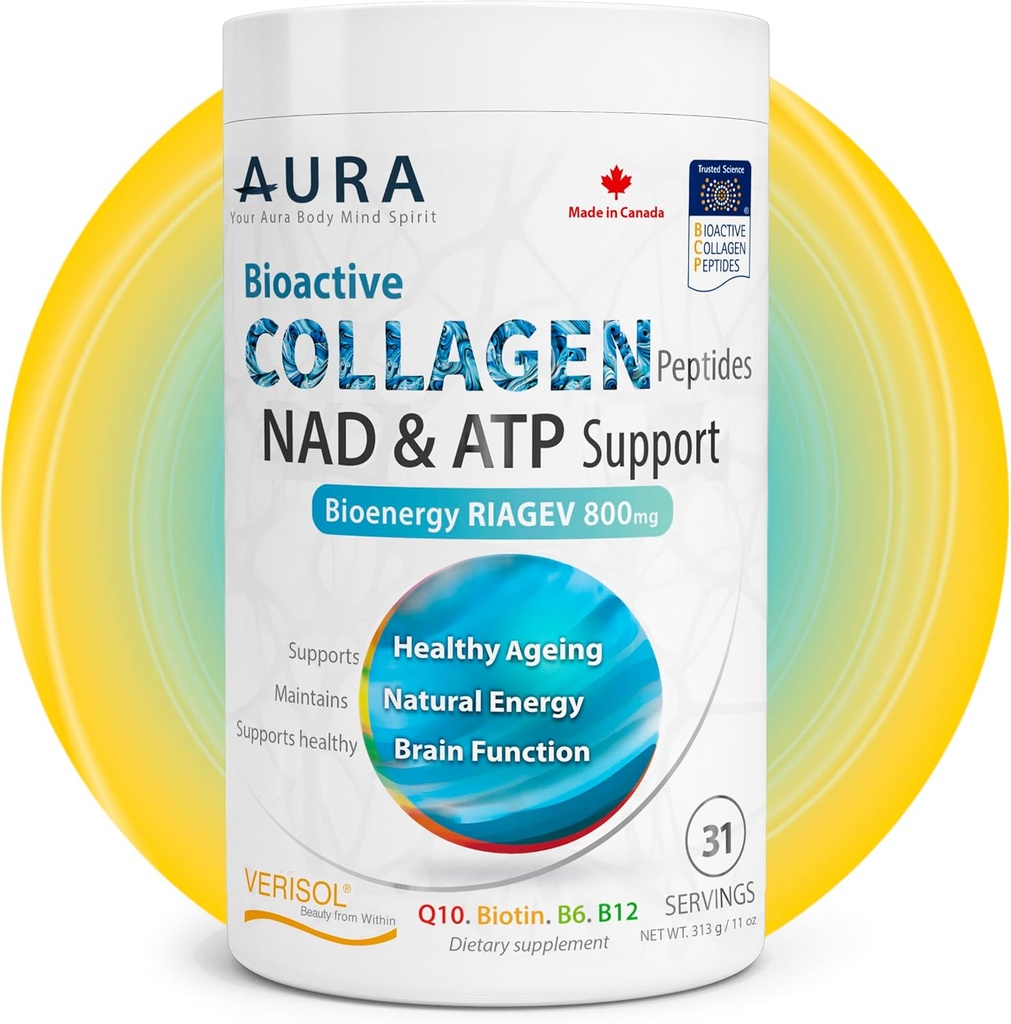 AURA VERISOL® Bioactive Collagen Peptides® Powder mit patentierten NAD+ & ATP Boosters, Advanced Cellular Rejuvenation System, Healthy Aging & DNA Repair, Unflavored, Made in Canada, 31 Servings.