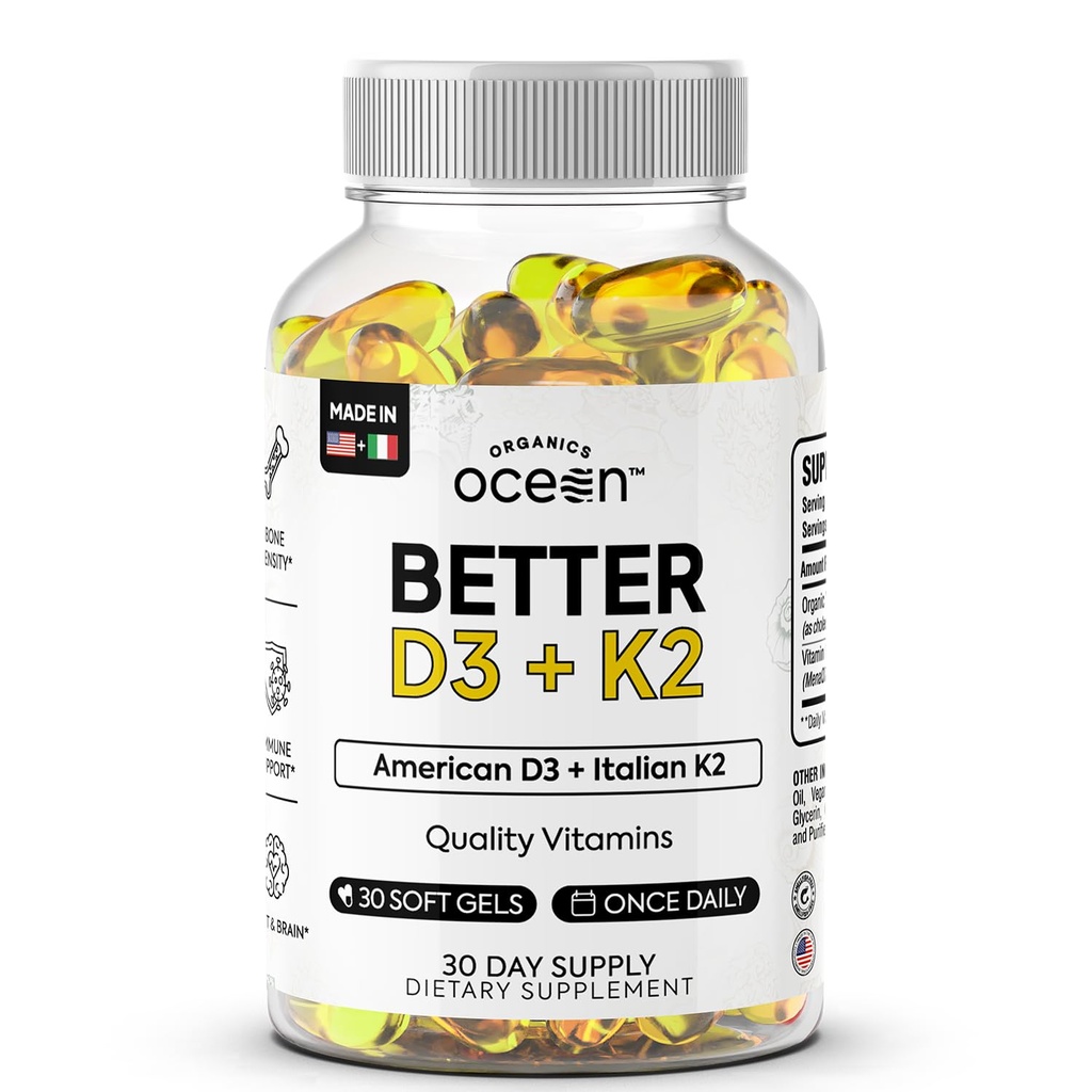 Organics Ocean Better D3 + K2-100 % Organic VIT D3 et K2 suppléments avec biodisponibilité maximale - supporte la densité osseuse, équilibre calcique, immunité et humeur - 1-paquet, 30 jours d'approvisionnement