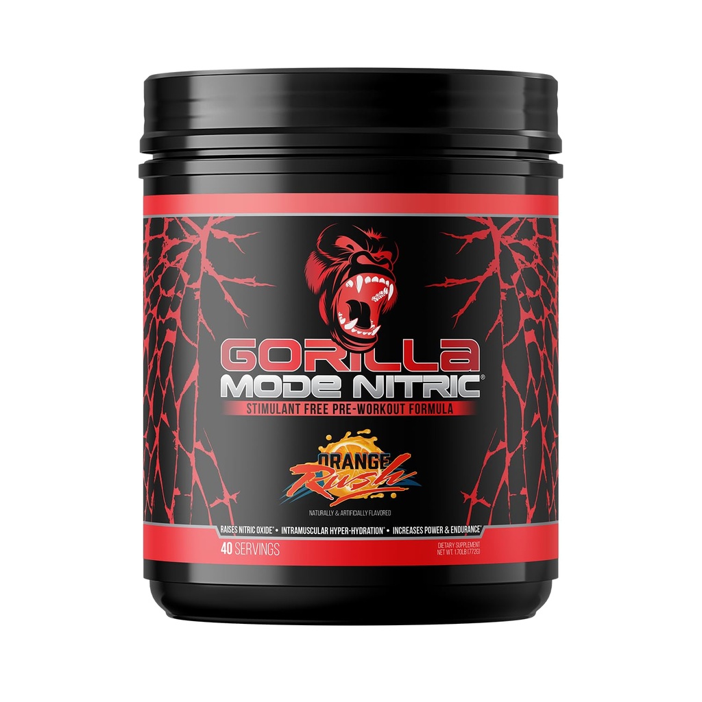 Gorilla Mode Nitric Upgraded Stimulant Free Pre-Workout – Beste Verkostung und effektivste Stimulant kostenlose Pre-Workout/Massive Pumps · Vasodilation · Power / 772 Grams (Orange Rush)