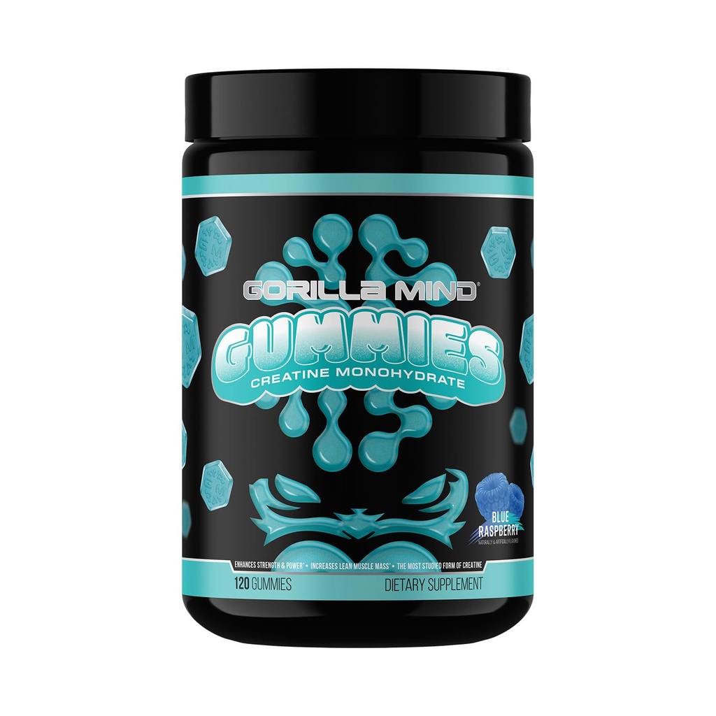 Gorilla Mind Creatine Gommies - HPLC de troisième partie testés , 5g Creapur® Creatine Monohydrate , puissance et pureté vérifiées , force · puissance · Lean Muscle , pas de sucre ajouté , goût de framboise bleue