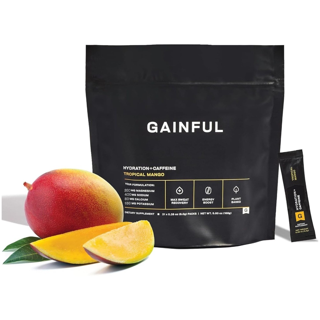 Gainful Hydration + Koffein Pulver-Packets mit Schlüsselelektrolyten Magnesium & Natrium + L Theanin, Low Drink Mix, Tropical Mango, 21 Sticks