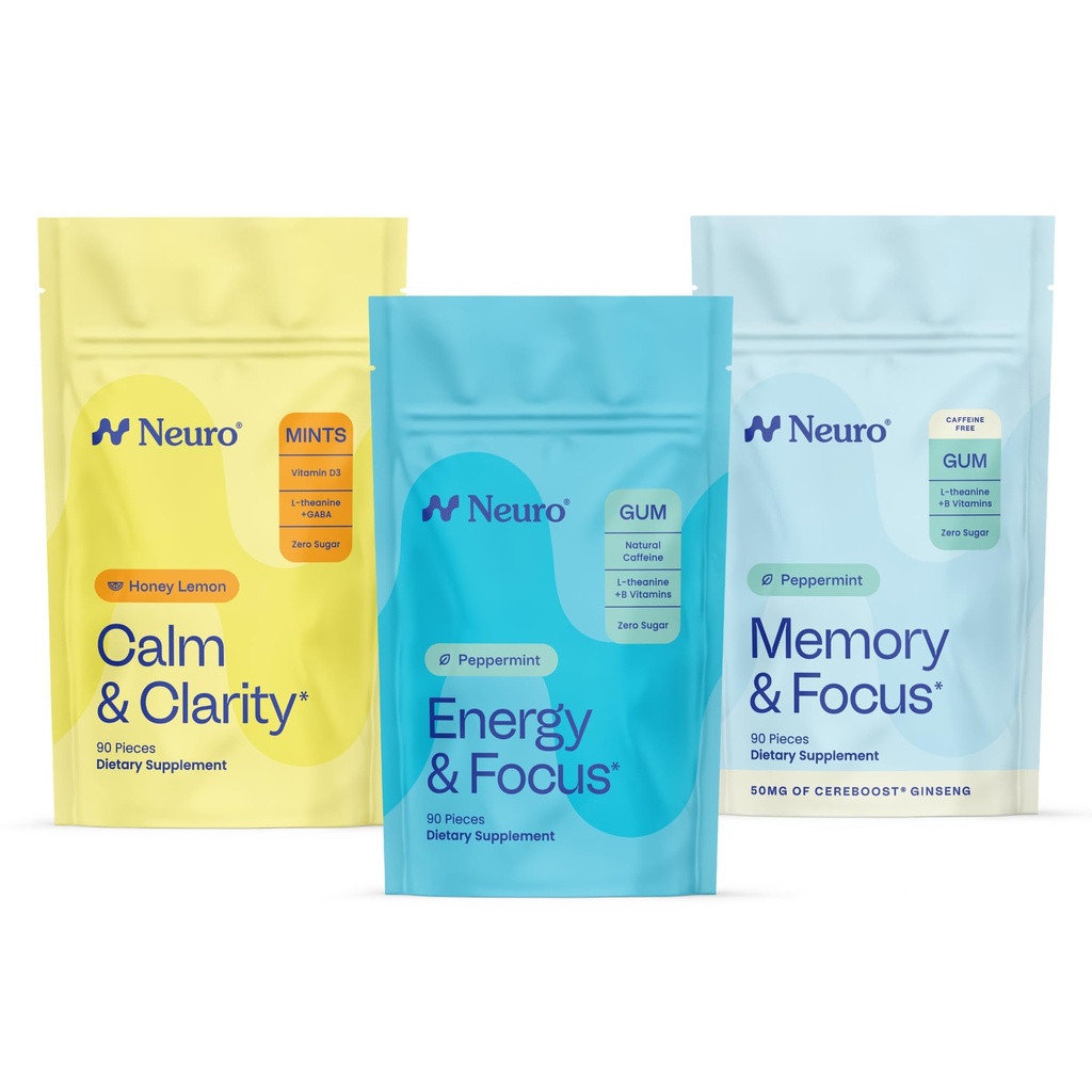 Ensemble d'équilibre cognitif Neuro - Mémoire et concentration Gomme nootrope (Peppermint, 90 comte), Sommeil et recharge Menthes mélatonines (Berry, 72 comte), Menthes de soutien au stress calme et clair (Honey Lemon, 90 comte)