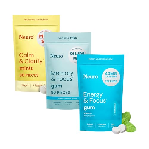 Neuro Focus & Calm Cognitif Bundle – Énergie & Focus Nootropic Gum (90), Calme & Clarity Stress Support Mentes (90) & Mémoire & Focus Nootropic Gum (90)
