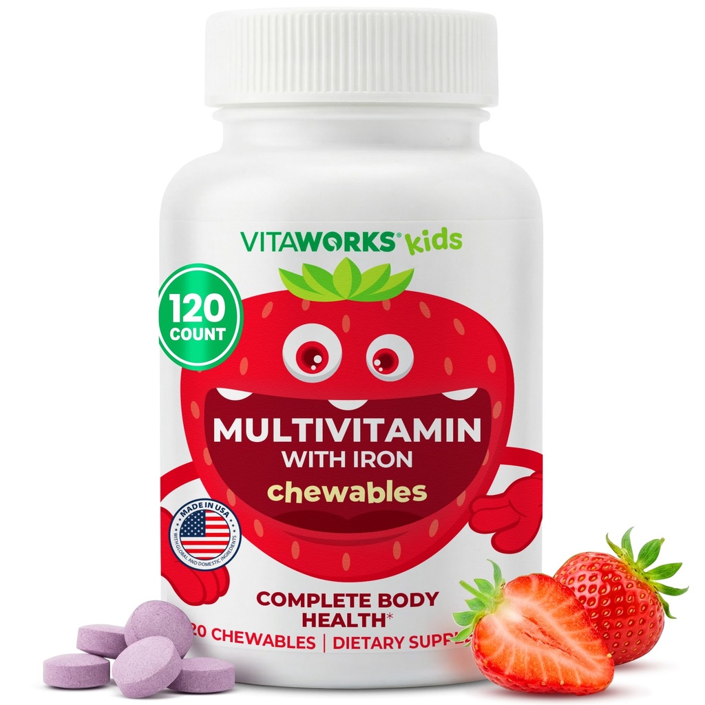 Multivitamine pour enfants avec fer et minéraux Comprimés à mâcher - Fruits mélangés - Végétarien, sans OGM, sans noix - Supplément alimentaire - Soutien digestif pour les enfants - 120 Chewables",