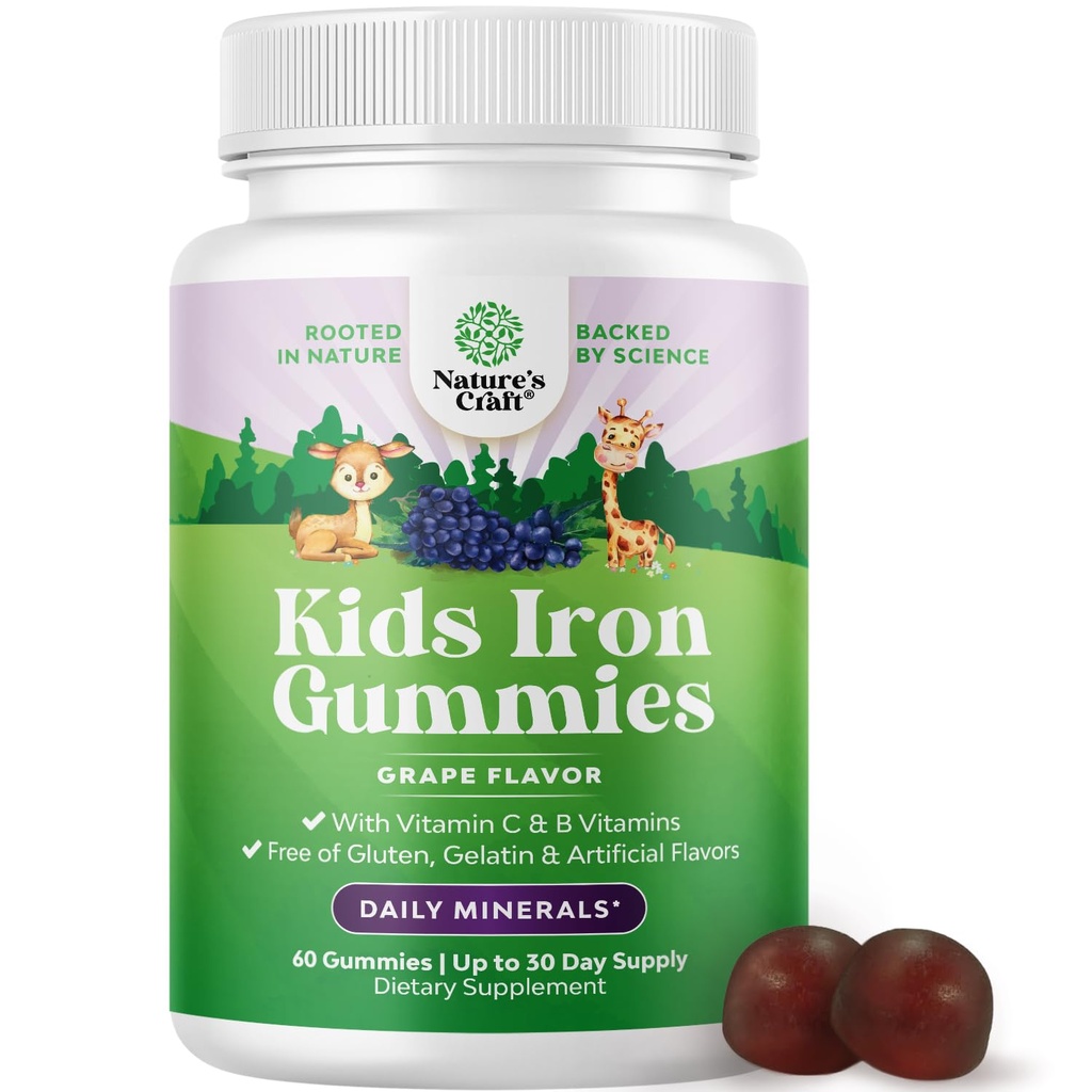 Gummies en fer pour enfants - Suppléments en fer pour les enfants avec douceur pour une immunité et une énergie plus fortes - Vitamine B12, Folate et vitamine C Gummies - GMO végétalien et sans gluten pour les tout-petits - 60 Nombre