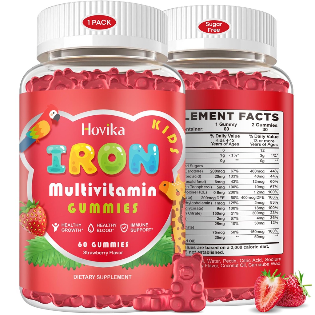Eisen-Ergänzungsgummis für Kinder mit Multivitamin, Kalzium, Zink, Folat - Kinder Eisengummis unterstützen Immun, Blut-Erbauer, Eisenmangel, Anämie & Energie - Vegan, Erdbeere 60 Zähler
