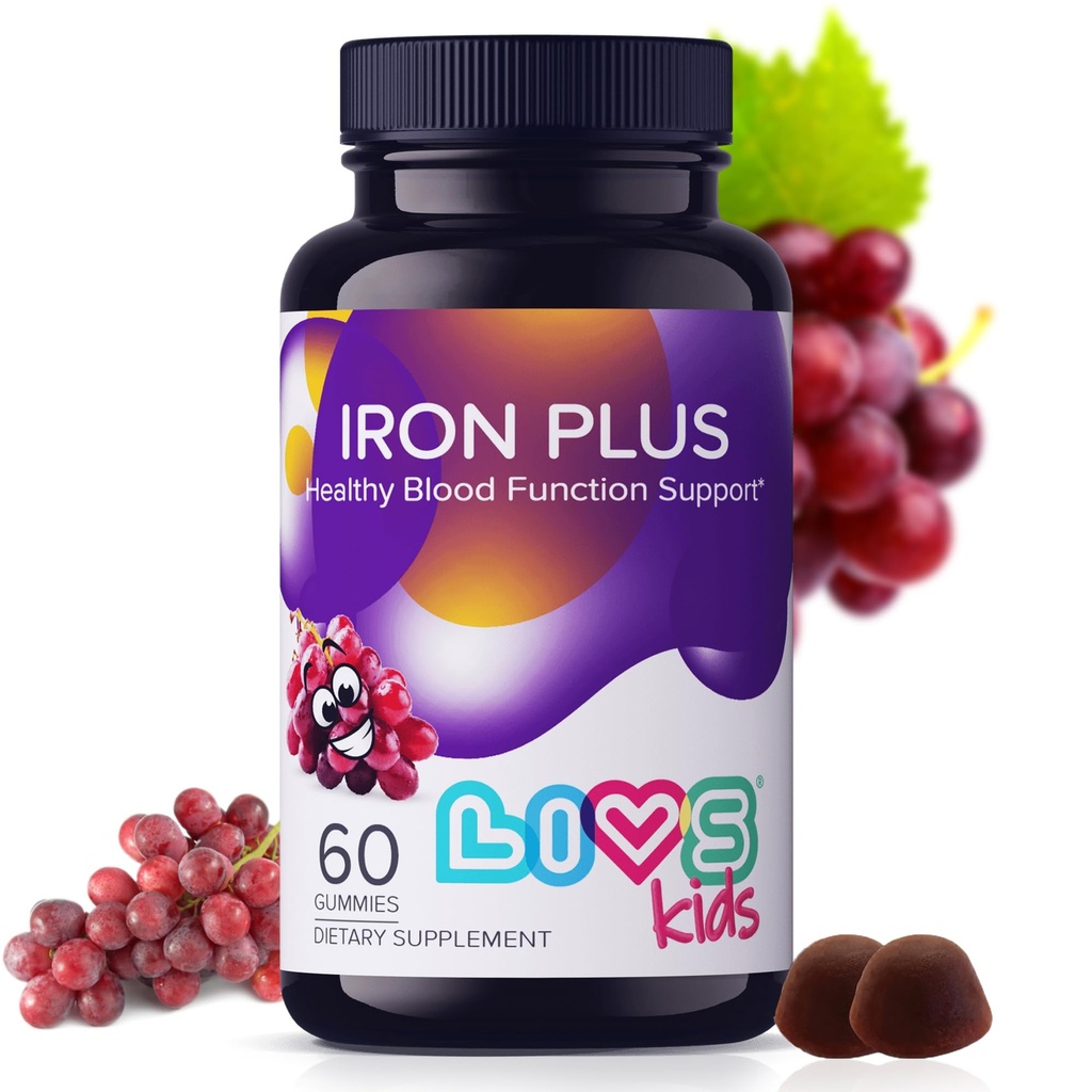 LIVS Eisen Ergänzung für Kinder mit Vitamin C, A, B3, B5, B6, B12, Biotin, Zink & Folat | Non-GMO, Glutenfreie Kauergänzung als Gummy für Energie Boost & Anemia Unterstützung - 60 Count