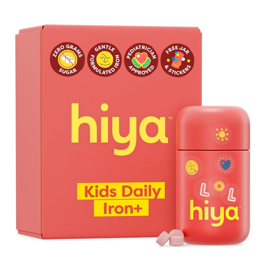 Suppléments Hiya Iron+ pour les enfants - Supplément de fer à haute absorption - Délicieux parfum de fraise et facile sur l'estomac des enfants - Pas d'ajout de sucre et de tiers testé - 30 jours d'approvisionnement de renouvellement pour les jeunes enfants