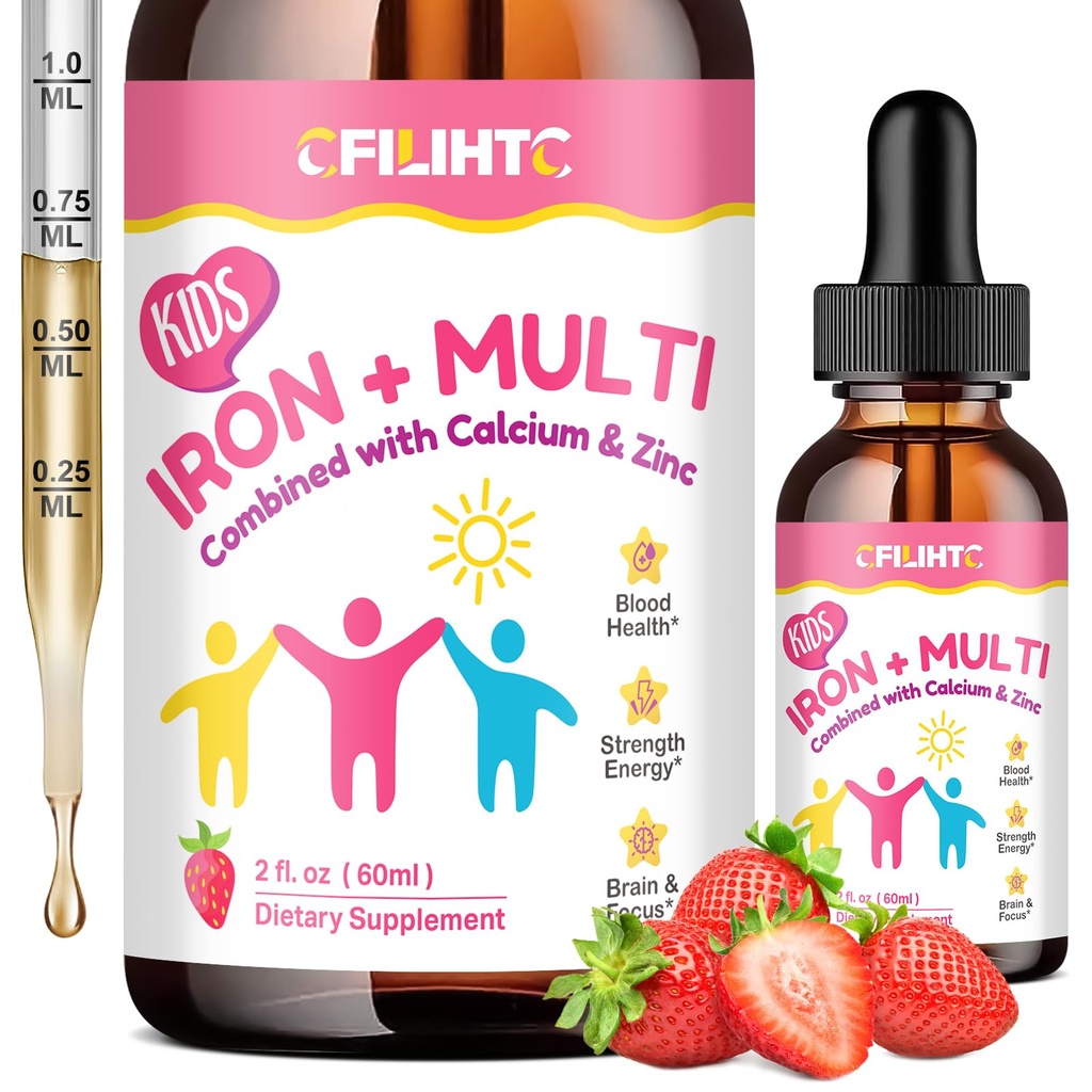 Supplément en fer liquide pour les enfants, les femmes et les hommes - avec Calcium, Zinc, enfants Multivitamine avec gouttes de fer - Immune Support, Blood Builder & Energy Support for Iron Deficiency, Anemia, Vegan 2 Fl Oz