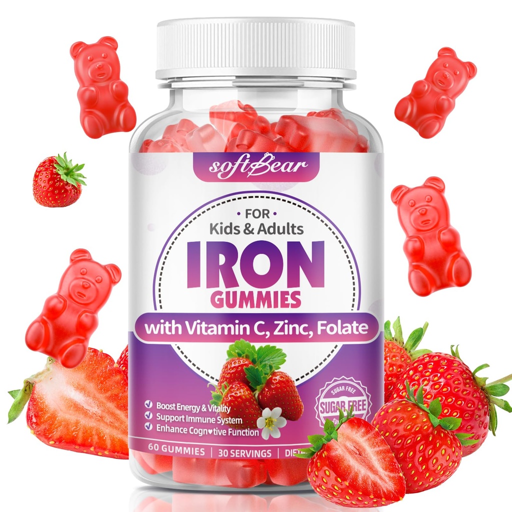 softbear Eisengummis für Damen und Herren & Kinder, Kaubare Eisenergänzungen mit Vitamin C,B3,B5,B6,B12 Unterstützt Immunsystem, Energie & Vitalität, Sugar-Free/Vegan, Erdbeer Flavor 60 Count