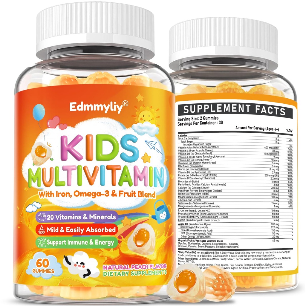 Kinder Multivitamin-Gummien - Vitamine A D3 K2, Methyliertes B-Komplex mit Omega-3, Eisen für Immun- und Entwicklungsunterstützung - Bio-Mischbeeren-Flamvor Multivitamine für Kinder Täglich - Sugar Free & Vegan