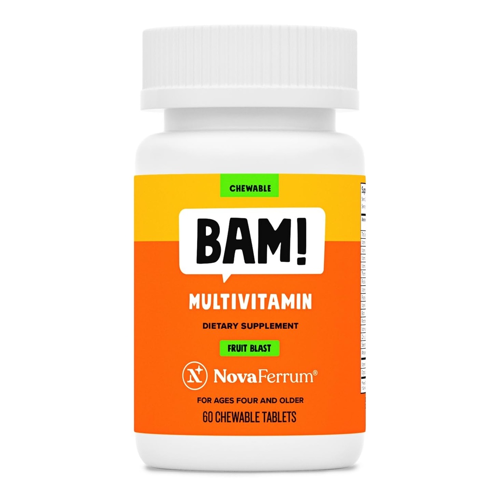 NovaFerrum BAM Chewable Multivitamin for Kids & Adults Ages 4 and Above - Fruit Blast Flavor - 60 Chewable Tablets - with Vitamins A, C, D, E, B6, B12, Biotin, Zinc, Selenium & Manganese
