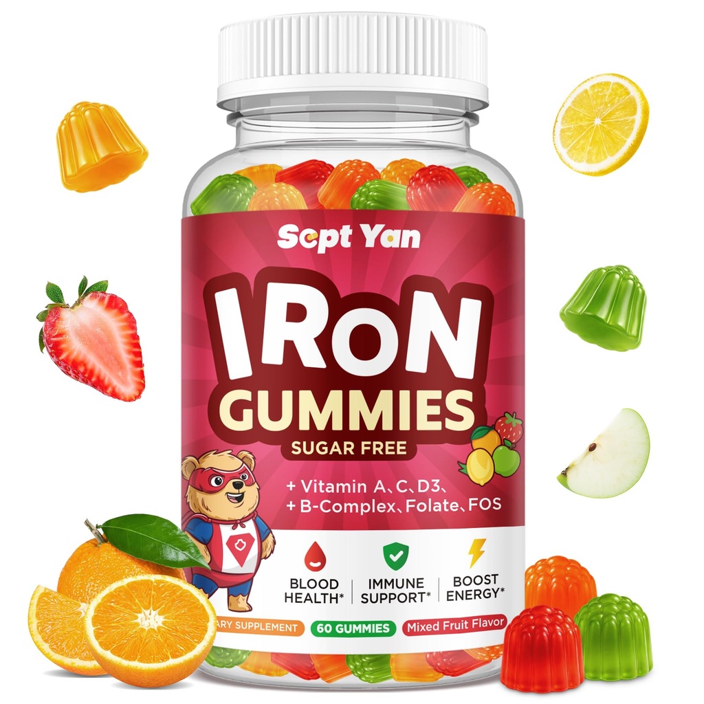 Supplément de fer Gommies pour enfants, Multivitamine pour enfants avec fer - Complexe Vitamine B, C, D3, Calcium, Folate, Zinc, FOS pour fabricant de sang et soutien énergétique, Déficience en fer, Vegan, Arôme de fruits mélangés, 60 ct