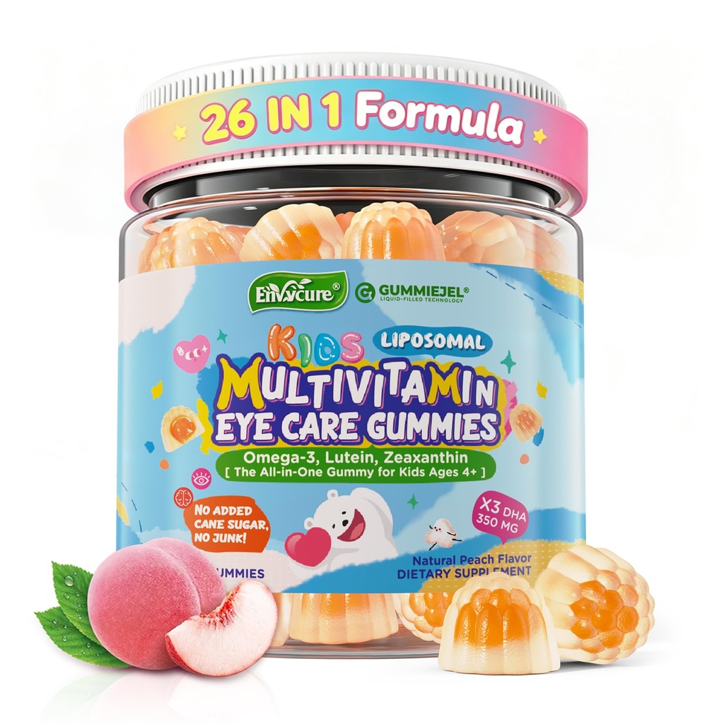 Kinder Multivitamin-Gummien mit Eisen, 450mg Algae Omega-3, methyliert B12, Folate, Fiber 2g, Probiotics, Magnesium, A, C, D, K, Zink, Kinder Vitamine für Wachstum, Gehirn, Auge, Gut, Immun, Zuckerfrei