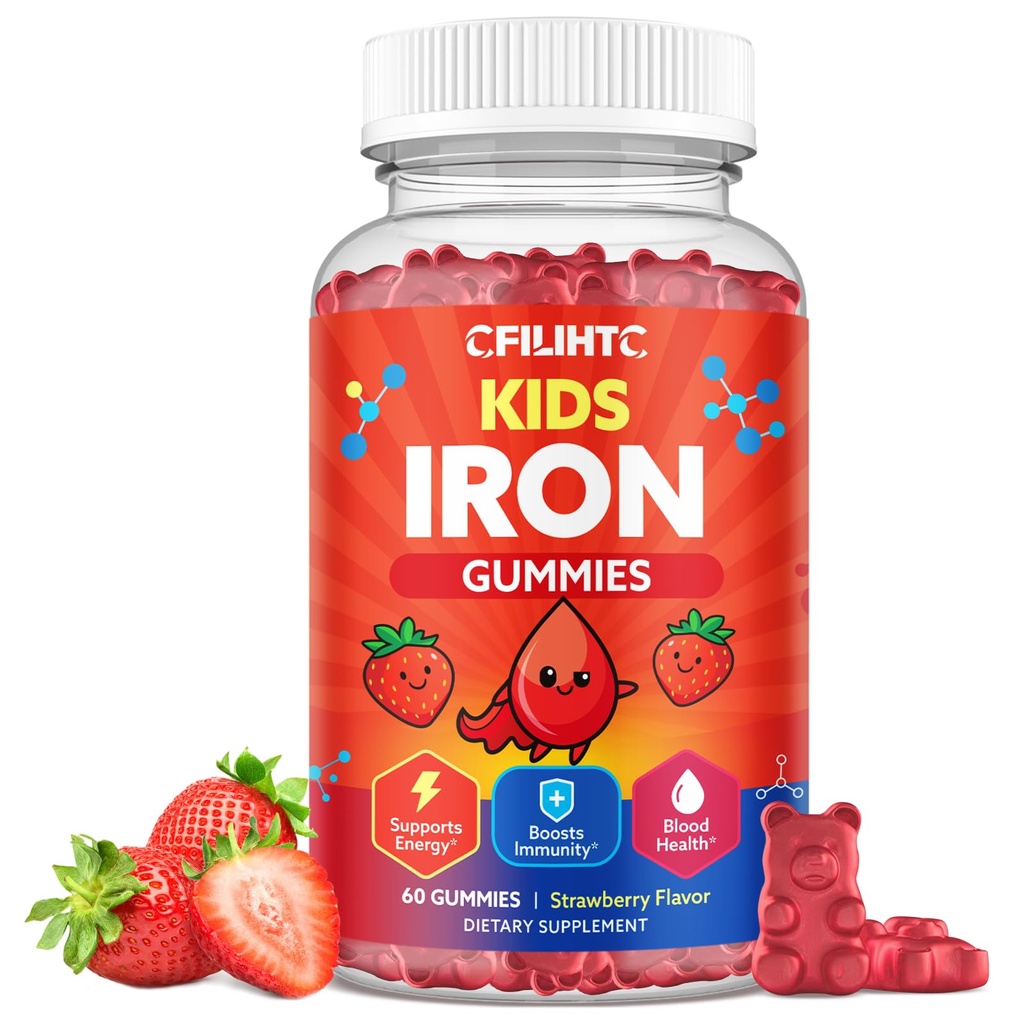 Eisengummis für Kinder & Teens, Kinder Multivitamin mit Eisenergänzung, Kalzium, Folat, Zink, Prebiotisch - für Blutbauer & Energieunterstützung, Eisenmangel - Vegan & Non-GMO - 60 Graf Erdbeere