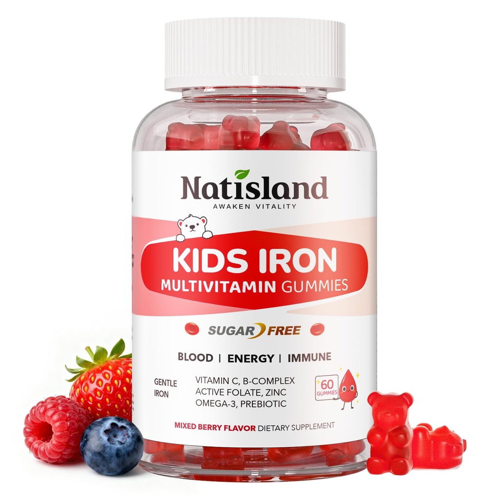 Eisengummis für Kinder & Jugendliche, Kinder Multivitamin mit Eisenergänzung, Vitamin B Complex, A, C, D3, Calcium, Zink, DHA, Prebiotic, Blut Builder & Energie Unterstützung für Eisenmangel, Vegan, 60 Ct