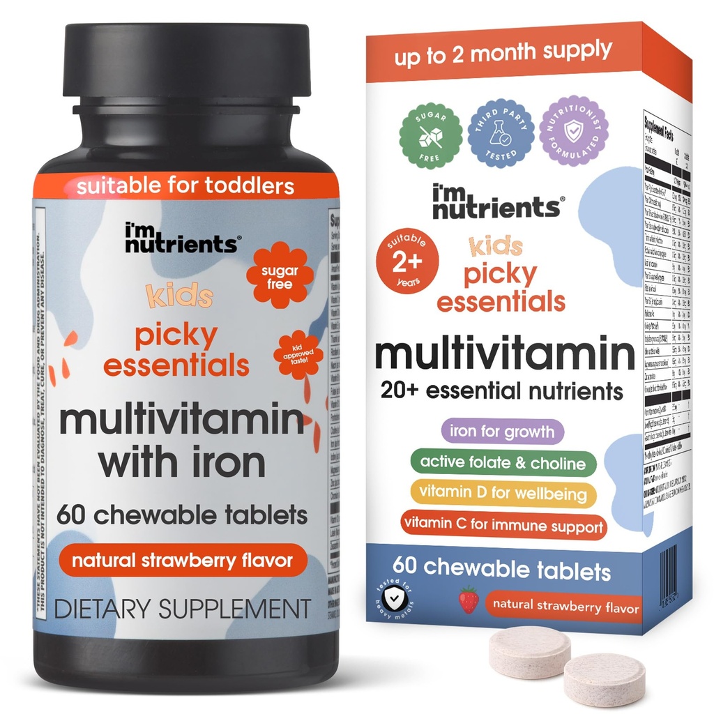 Essentiels Pickery Enfants Multivitamine avec fer + zinc 20+ Nutriments essentiels 2 ans et plus Naturellement aromatisé aux fraises Vitamines et minéraux A, C, D3, Bs.
