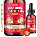 Flüssige Eisen-Ergänzung für Kinder, Kinder Multivitamin mit Eisen Tropfen mit Zink, Vitamin B Complex, Folate - Unterstützung Blut Builder & Energie, Eisenmangel für Frauen, Männer, Vegan Erdbeere 2 Fl Oz